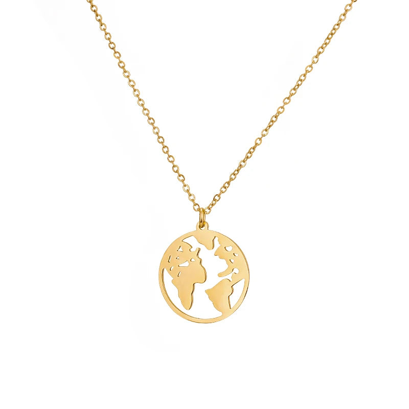 Fashion Design Women's New Stainless Steel Gold Plated Hollow Disc Pendant Necklaces Earth-Pattern Necklaces Jewelry