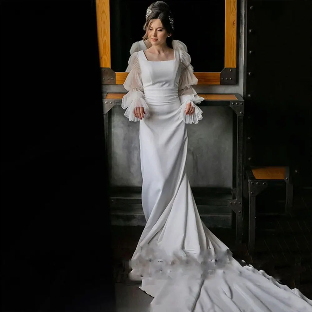 13217#Sexy Princess Elegant Mermaid Wedding Dresses Square Collar Backless Puff Sleeves Civil Soft Satin Wedding Bridal Gown