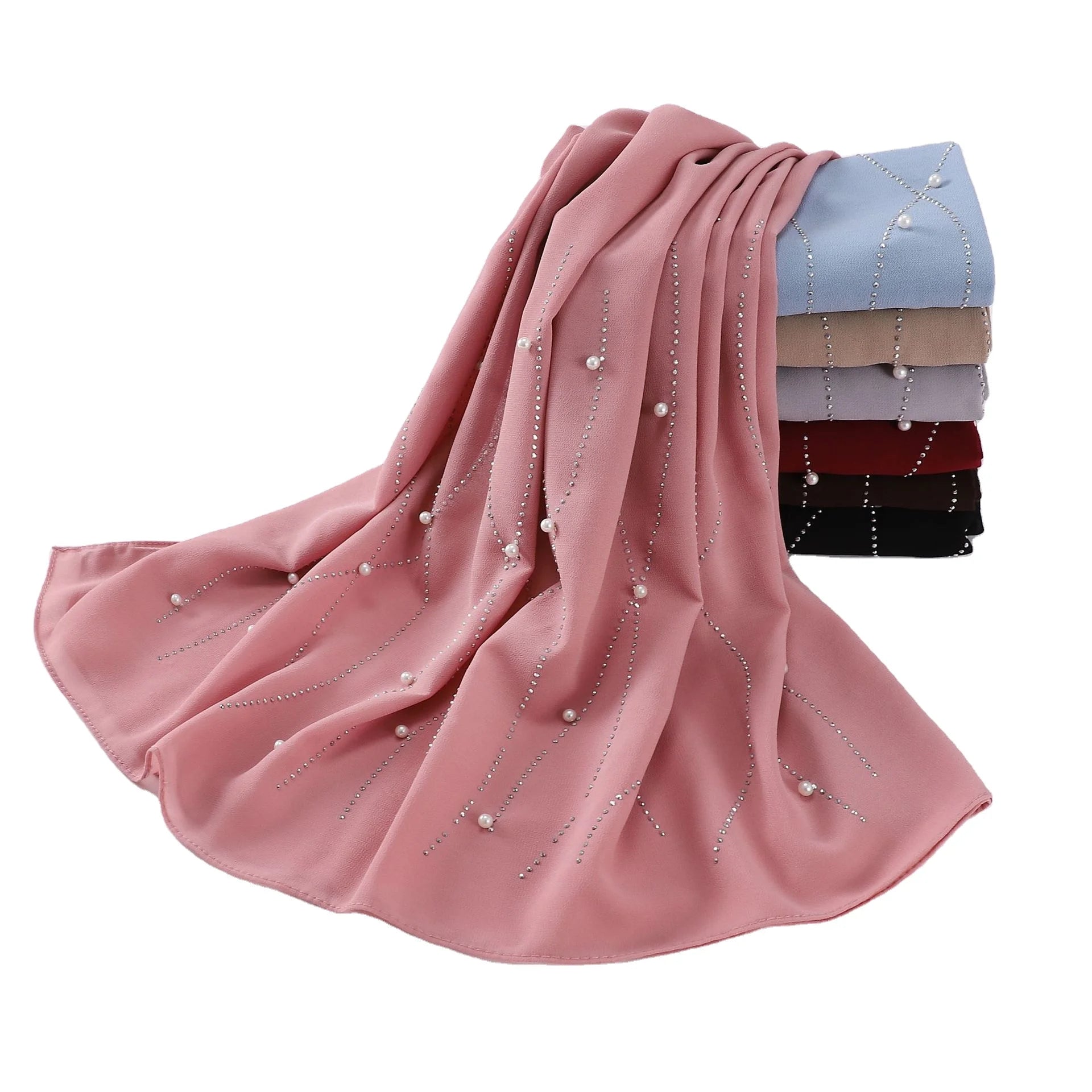 New Single Head Beaded Shawl Malaysia Headband Pearl Chiffon Long Scarf Muslim Hijab