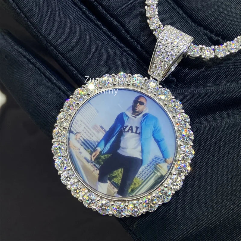 25MM 40MM 55MM Pass Diamond Tester Iced Out Jewelry 925 Sterling Silver VVS1 Moissanite Picture Memory Pendant Necklace