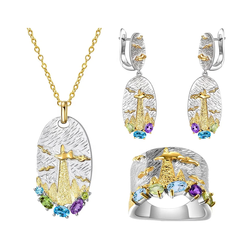 C7927 Jewellery Manufacturer Wholesale Mix Gemstone Peridot Blue Topaz Amethyst 925 Sterling Silver Set Men Women