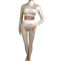 Fashion Stretch Skinny Plaid White Crystal One Piece Jumpsuit Women Streetwear Nightclub Party Bodysuits Gogo Dancer Costumes