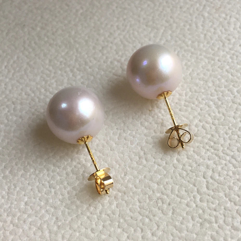 10-11 MM Real Solid 18k Gold Stud Earrings Freshwater Perfect Round Pearl Earrings-AAA High Luster Nature Pearl Au750 Gold