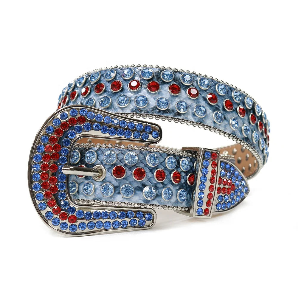 New Snake Skin Leather Western Punk Men's Bling Bling Rhinestone Y2K Cowboy Crystal Studded Alloy Buckle Belt Strap
