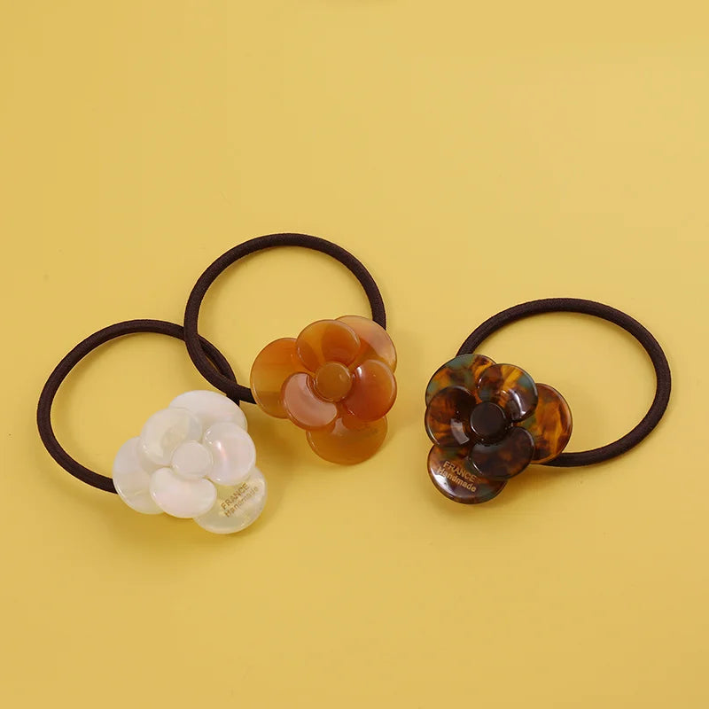 Midairy 3cm France Vintage High Elastic Girl White Rose Acetate Rubber Ponytail Hairband Hair Ties Flower Hair Scrunchies 4991