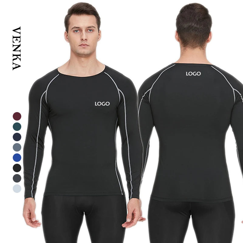 Custom LOGO Men's Compression Running T Shirt Fitness Tight Long Sleeve Polyester Quick Dry Men Gym Sports Bodybuilding Shirts