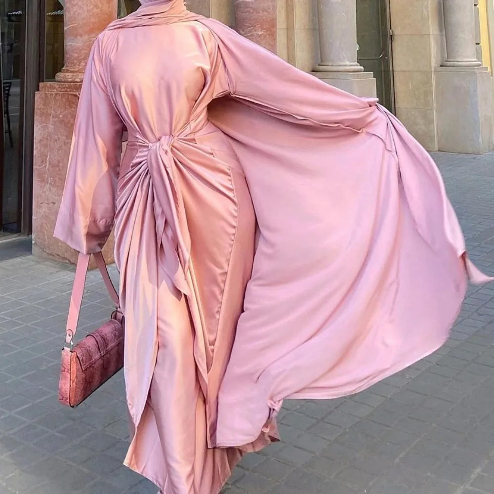 Wholesale Loriya Fashion Islamic Clothing Satin Two Pieces Abaya Set Muslim Women Modest Dress Dubai Abaya