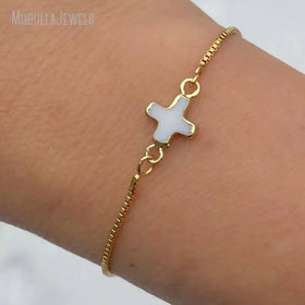 BM14728 Natural Mother of Pearl White Shell Cross Crucifix Adjustable Chain Bracelet Gold Plated Dainty Exquisite Chic Jewelry