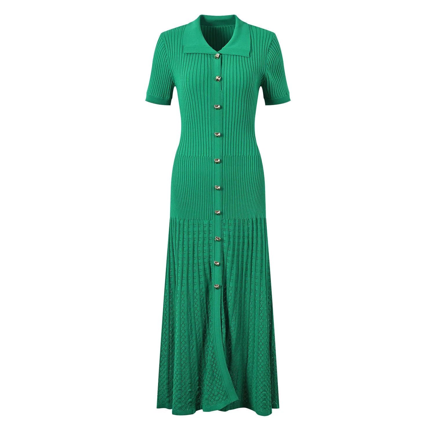 2024 Spring Summer French Style Women Knitted Short Sleeve Single-breasted Polo Neck Ladies Fashion Maxi Long Solid Dresses