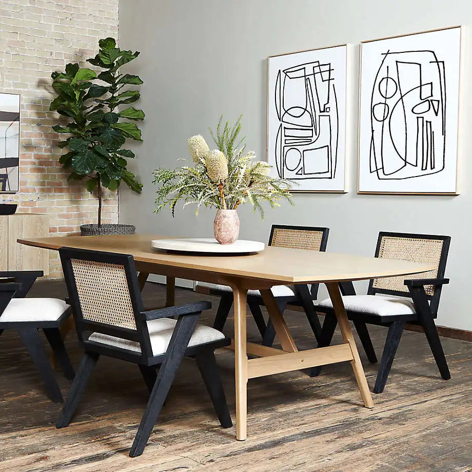 Nordic Designers Solid Wood Armchair with Upholstered Cane Rattan Back Black Frame Famous Dining Chair for Dining Room Use