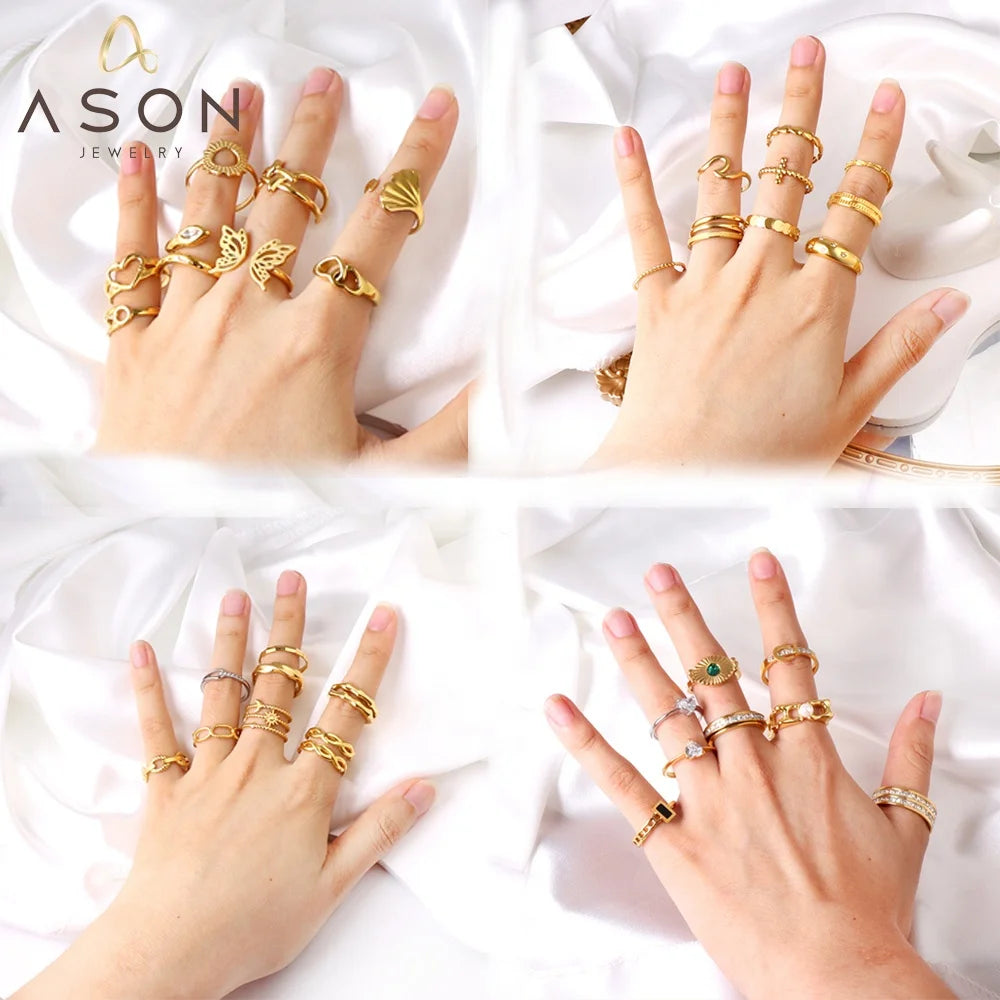 Ason New Trendy 18K Gold Plated Stainless Steel Shinny Hollow Love Butterfly Rings Women Fashion Knuckle Adjustable Ring Jewelry