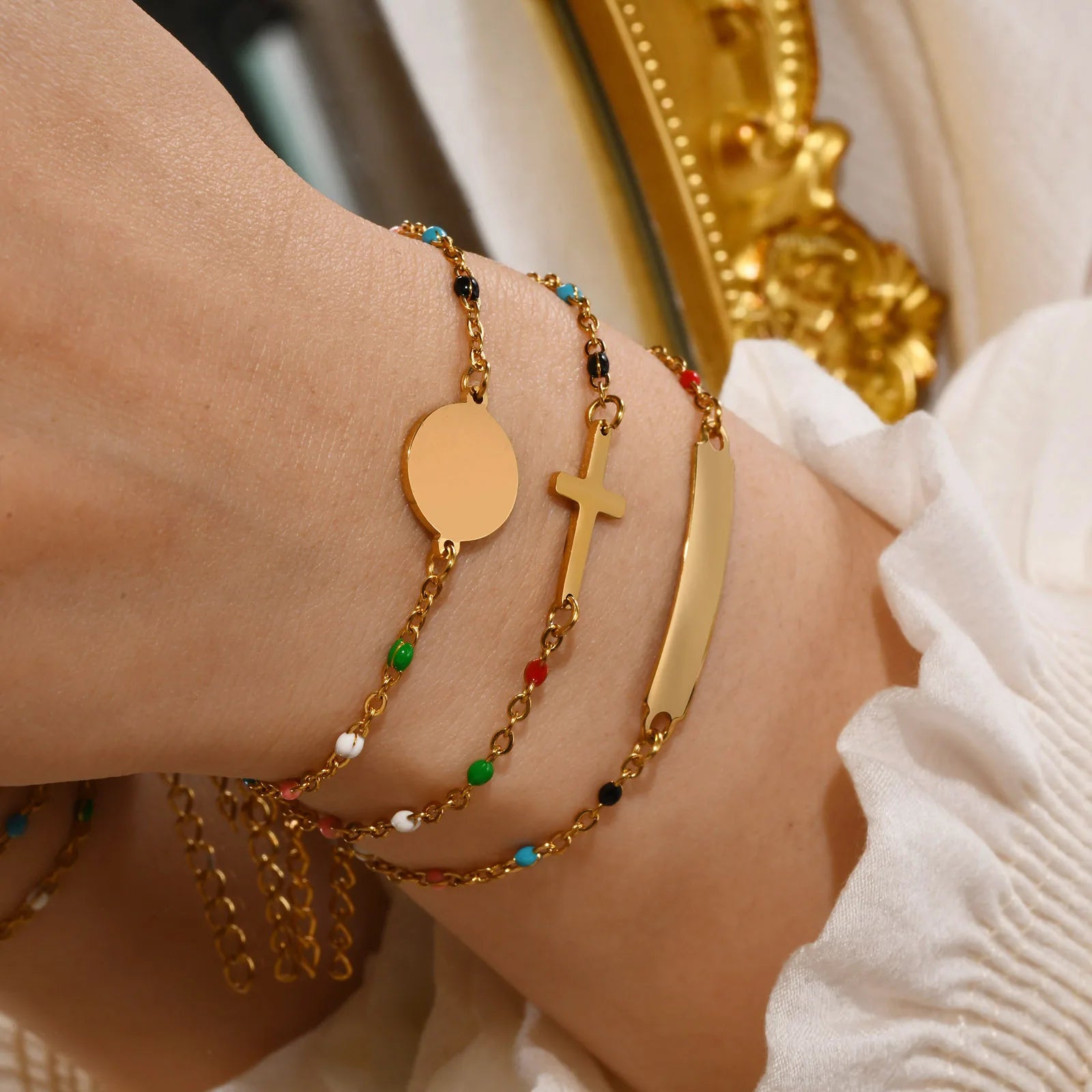High End 18K PVD Gold Plated Stainless Steel Colorful Enamel Round Cross Pendant Bracelet for Women Wholesale Jewelry