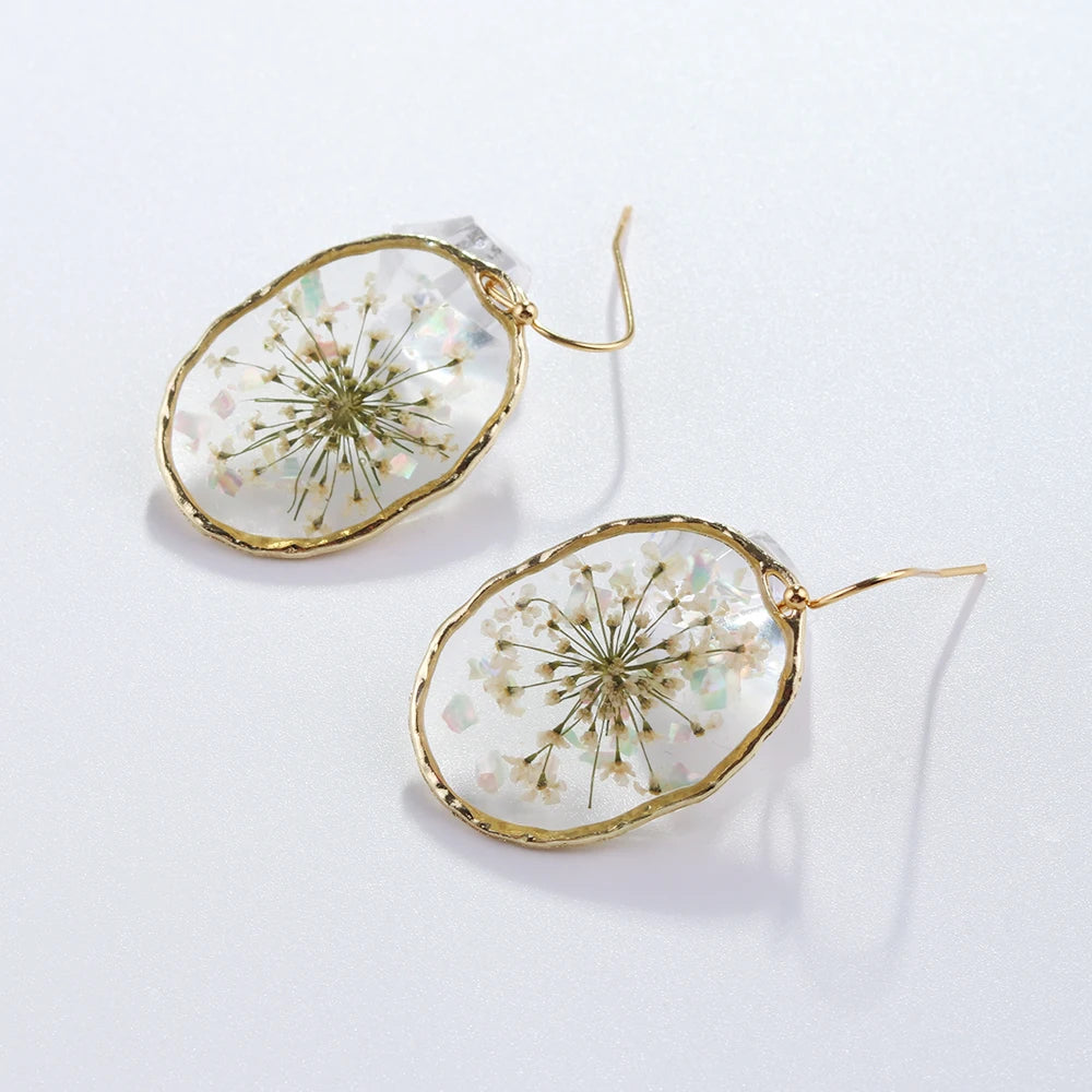 Fashion Stainless Steel Dried Flower Resin Jewelry Earrings Dried Flower Irregular Oval Earring