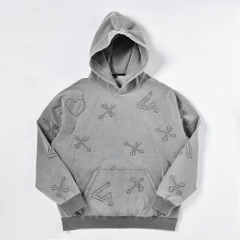 TOPSHOW High Quality Letter Applique Embroidered Pullover Hoodie Casual 100% Cotton Washed Hoodie for Men
