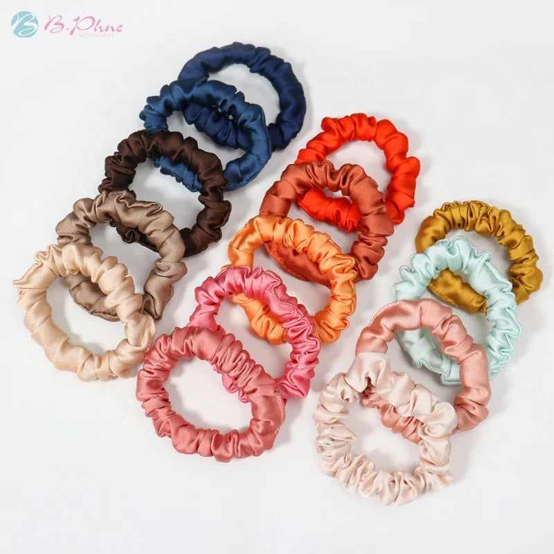 B.PHNE Designer Multi Solid Color Satin Silk Hair Tie Nylon Skinny Scrunchies for Women