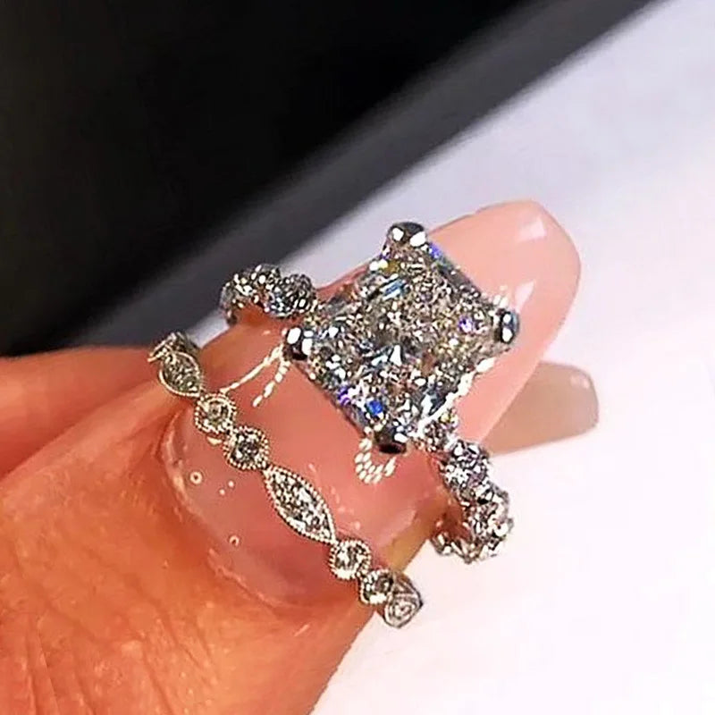 Silver Plated CZ Diamond Iced Out Baguette Cubic Zirconia Rings for Woman Ring Two-piece Set Couple Ring