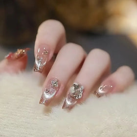 Smiling Cat Eyes Wearing Armor Detachable French Cat Eyes False Nails Clips Pile Drill Big Diamond Press on Nail