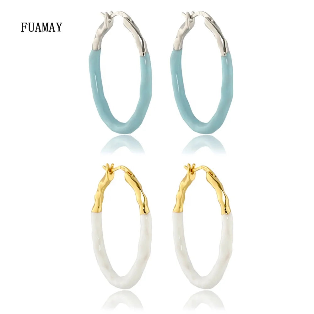 FUAMAY Gold Plated 30mm Round Ear Rings White Enamel Irregular Hoop Earrings with Zircon for Party or Gift