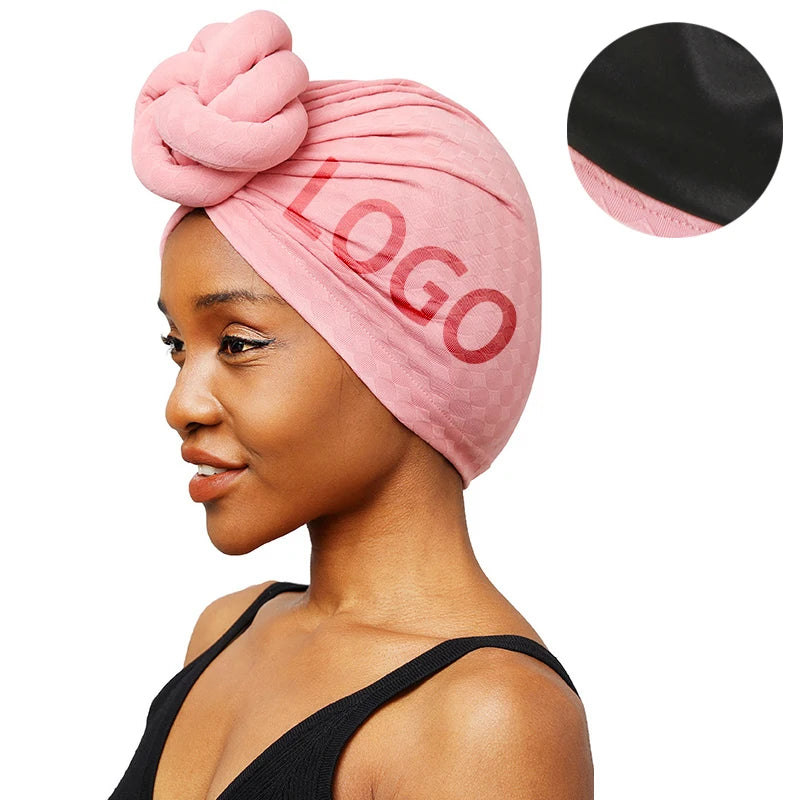 Wholesale Custom Logo African Pattern Double Layer Knotted Head Wraps Satin Lined Pre-Knotted Hair Covers Turban for Women
