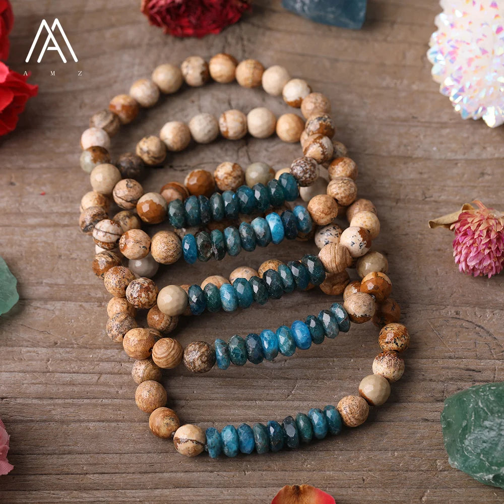 Blue Apatite Bracelets  Faceted Rondelle Beads  Picture Jasper Bracelet for Men Jewelry