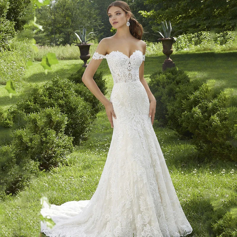 Custom Off Shoulder Tulle Formal Bridal Gowns Lace Mermaid Wedding Dresses