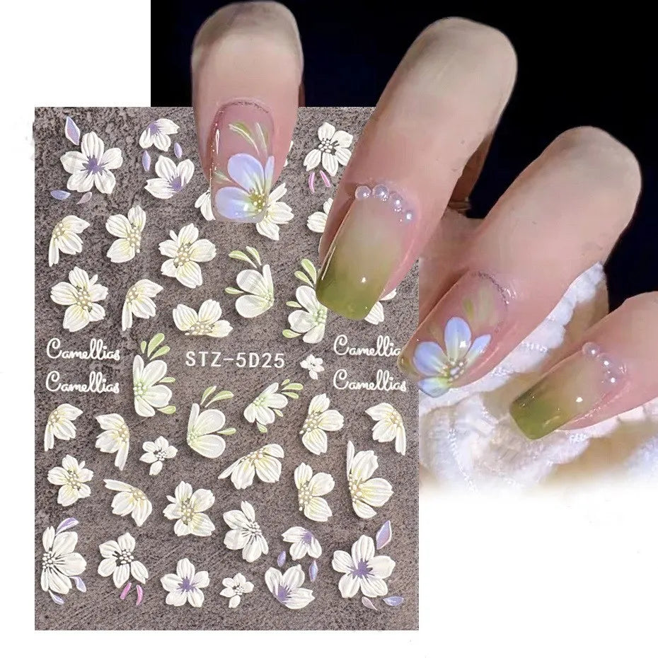 Nail Art Stickers Embossed 5D Camellia Nail Sticker