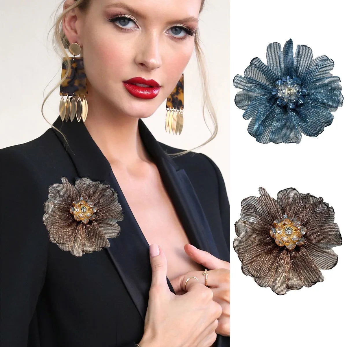 French Gauze Crystal Brooch Camellia Accessories Garment Coat Cross-border Wholesale Flower Brooch