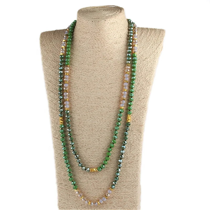Fashion Boho Jewelry 8mm Gold Metal Spacer Multi Crystal Glass Beads Knotted 150cm  Long Necklace