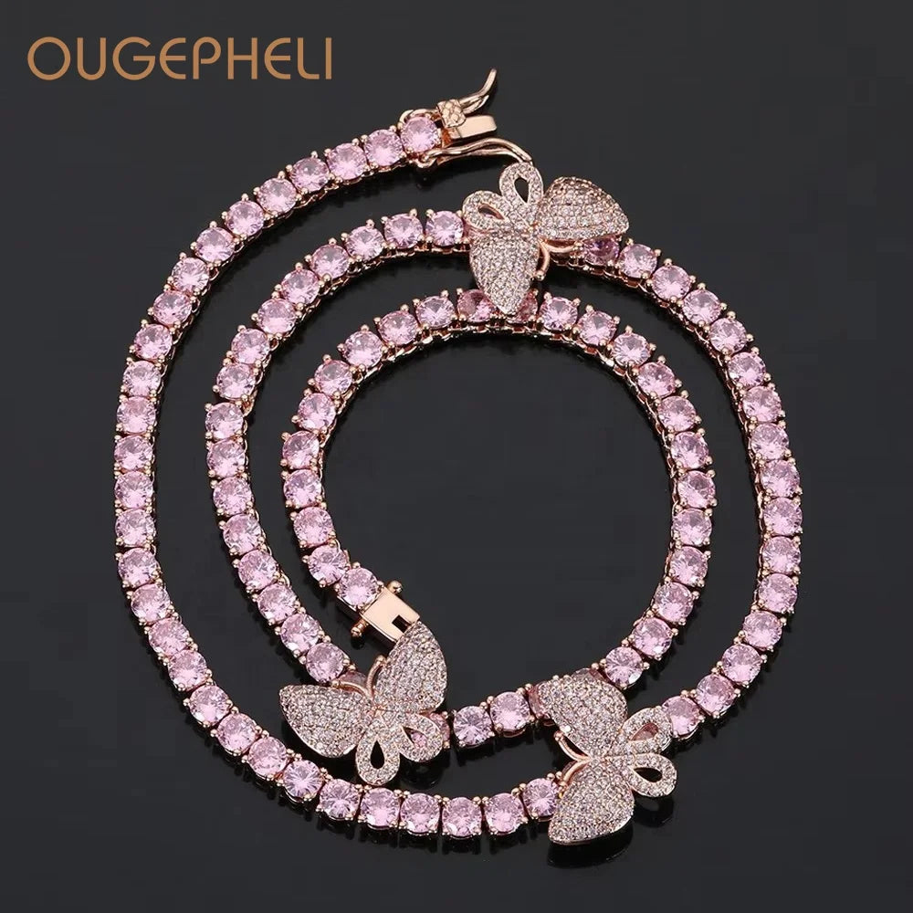 OUGEPHELI Butterfly 4.00 mm Round Tennis Chain Necklace Gold / Rose Gold Plated Brass Hip Hop Jewelry
