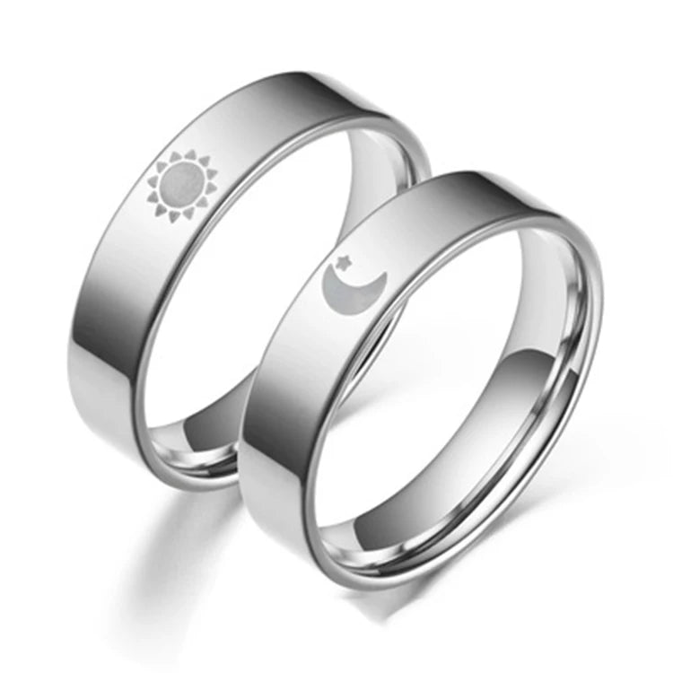 Simple Creative Silver Sun Star Moon Stainless Steel Couple Ring for Women