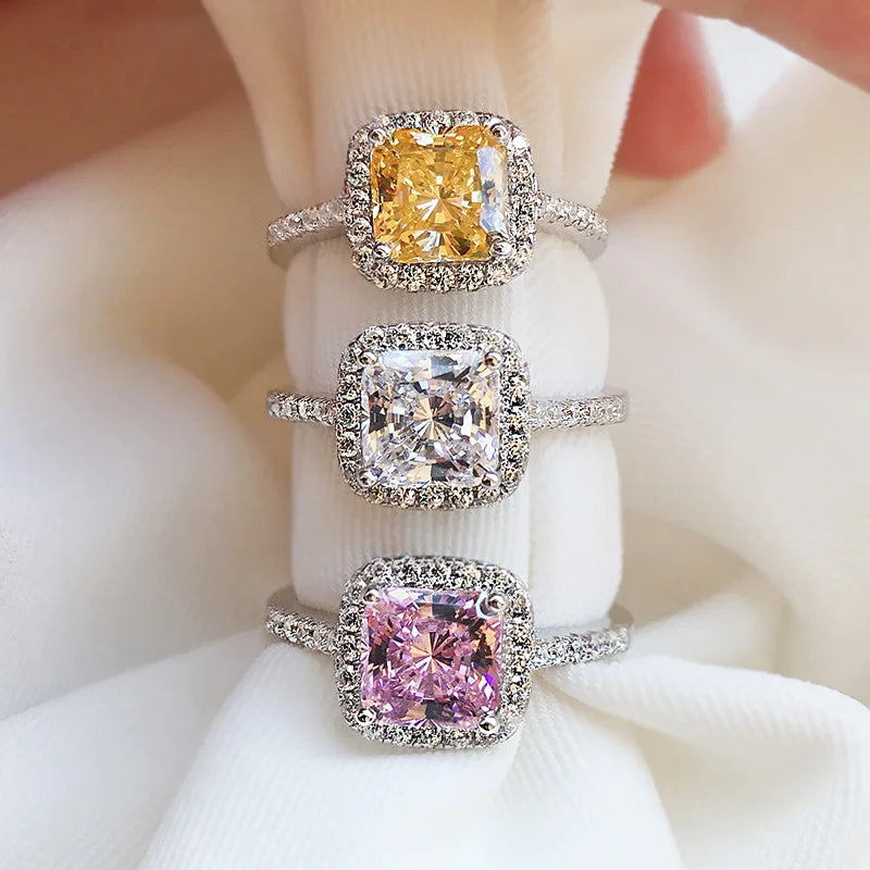 Halo Ring Pink Yellow White CZ Iced Out Rings Jewelry Women 925 Sterling Silver Promise Rings