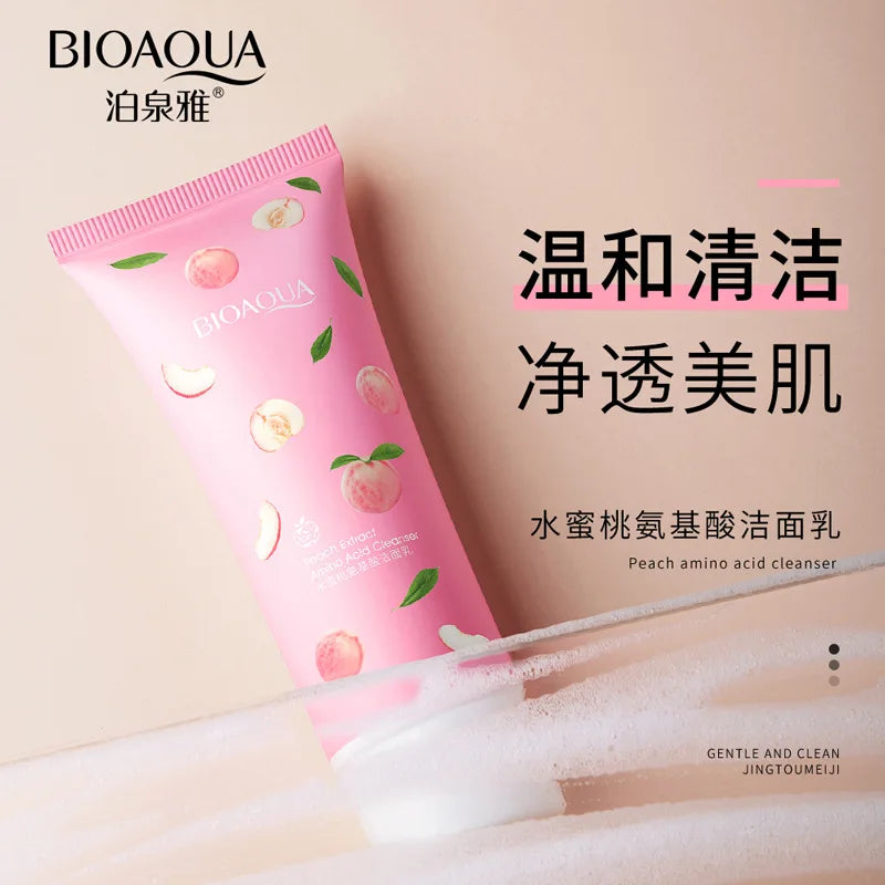 BIOAQUA Peach Extract Amino Acid Cleanser Gentle Deep Cleansing Face Cream Moisturizing Dense Foaming Amino Acid Facial Cleanser