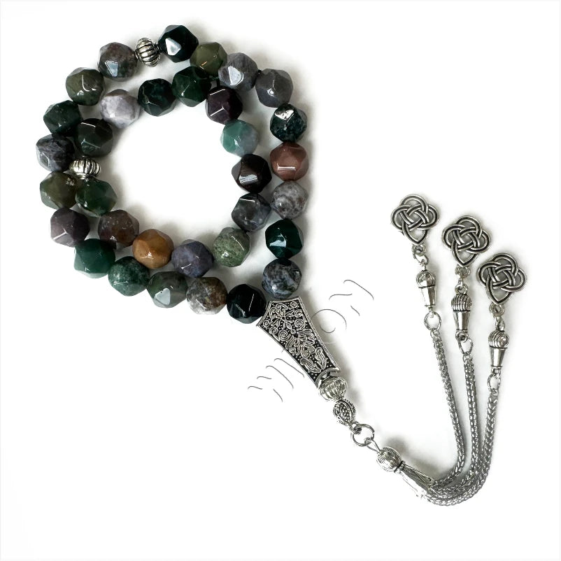 Green Natural Agate Diamond Cut 10mm 33pcs Beads Gold Plated Silver Religious Islamic Unisex Misbaha Beads Beaded Bracelet