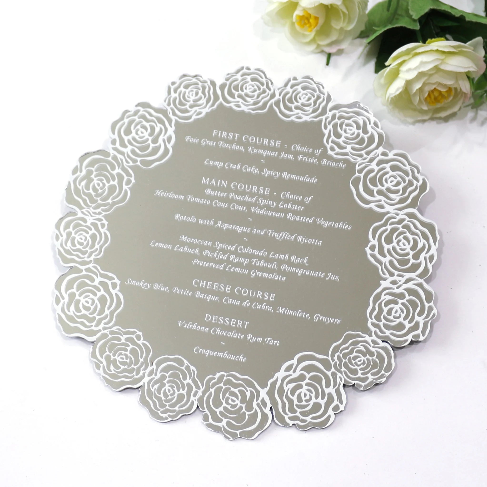 Handmade Luxury Wedding Acrylic Menu Cards Custom White Foil Silver Mirror Acrylic Party Dinner Menus Paper Anime Craft Hottest
