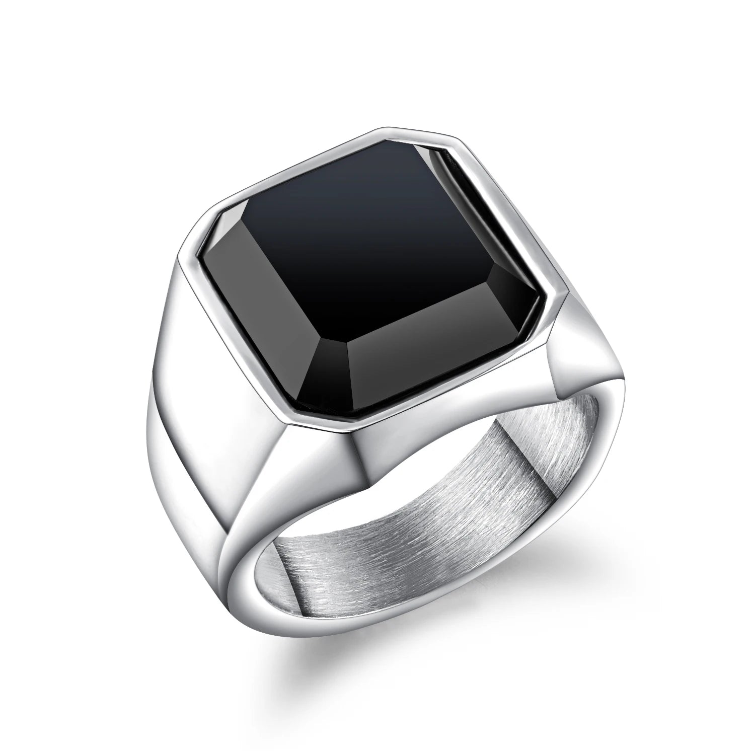 Natural Stone Black Onyx Ring Fashion Man Ring Jewelry Stainless Steel Silver Agate Ring