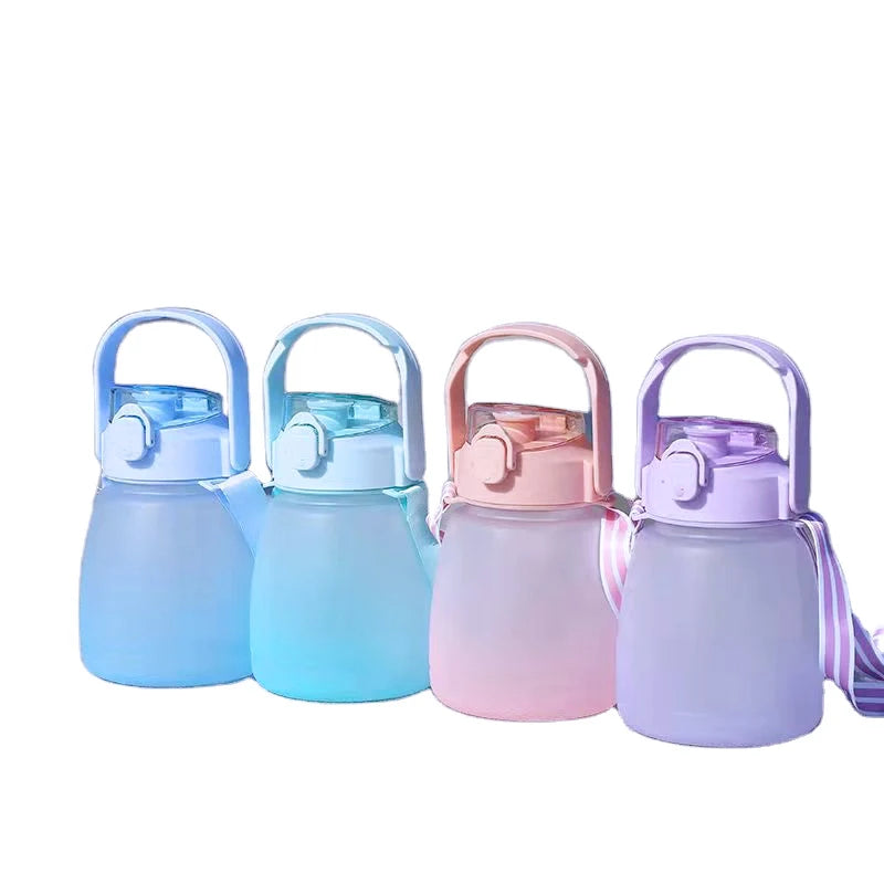 Capacity Big Frosted Water Bottle  with Soft Rubber Straw Sticker Portable Color Design 1300ml Water Bottle With Strap