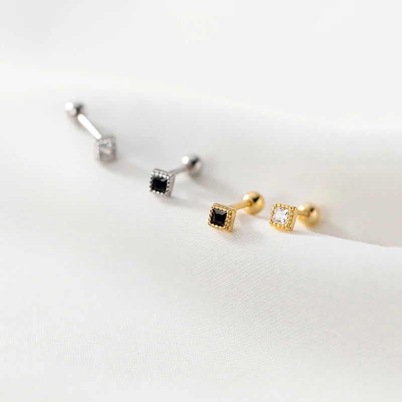 925 Sterling Silver Minimalist Fashion Square Earrings for Women Classic Geometric White Black Zircon Piercing Gold Party Gift