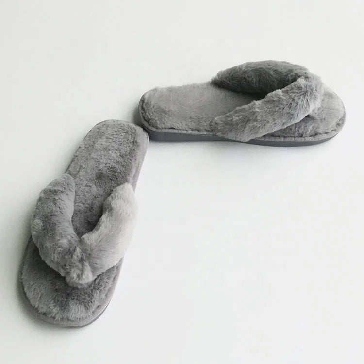 Women's Soft Warm Spring/Autumn Winter Furry Fluffy Faux Fur Lining Fleece Upper Anti-Slippery Indoor Floor Shoes Flip Flops
