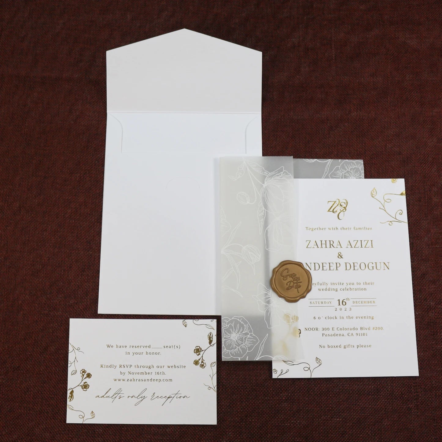 White and Gold Foiling Floral Vellum Paper Wedding Invitation Cards Suite with Rsvp Card and Envelopes