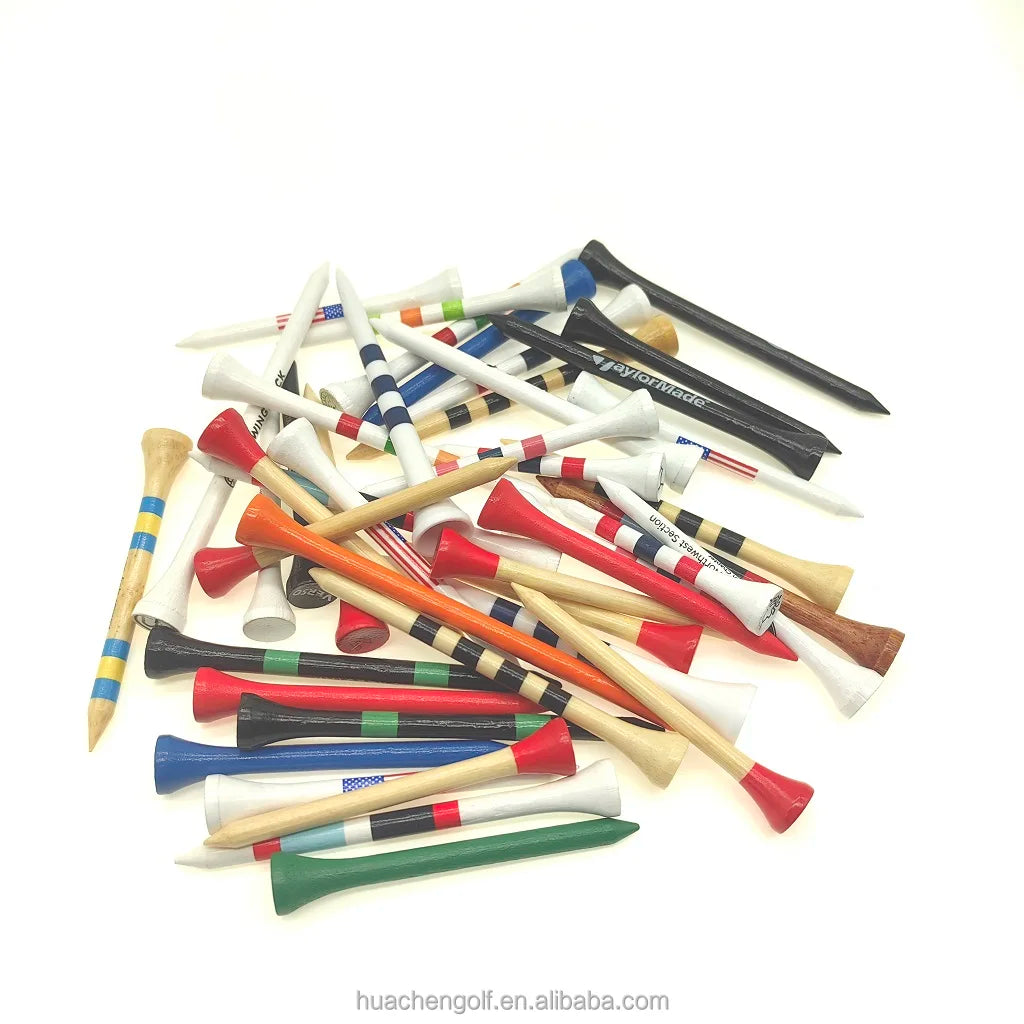 Hot Sales 360 Wood Bamboo Golf Tees Colorful Stripes and Text Printed Essential Golf Accessory for Golfers Bulk Packed