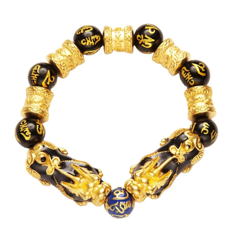 Gold Plated Thick Gold Plated Sixcharacter Mantra Colorchanging Brave Bracelet Men's Ese  Gold Plated Bucket Bead Obsidian