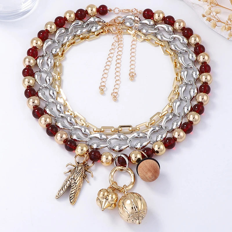 KAIMEI 2025 New Arrival Fashion Jewelry Bohemian Trendy Multi Layer Stacked Chain Glass Bead Alloy Insect Pendant Necklaces