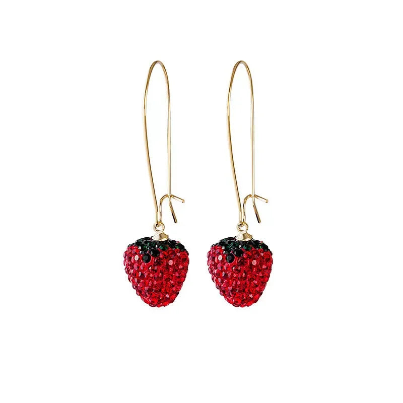 Korean  Fashion Girls Full Diamond Strawberry Hoop Pendant Earring Children & Women Jewelry Zircon Fruit Drop Earrings