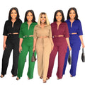 9849 New Arrival Spring Tracksuits for Women Two Piece Set Women Clothing Drawstring Short Top Straight Leg Two Piece Pants Set