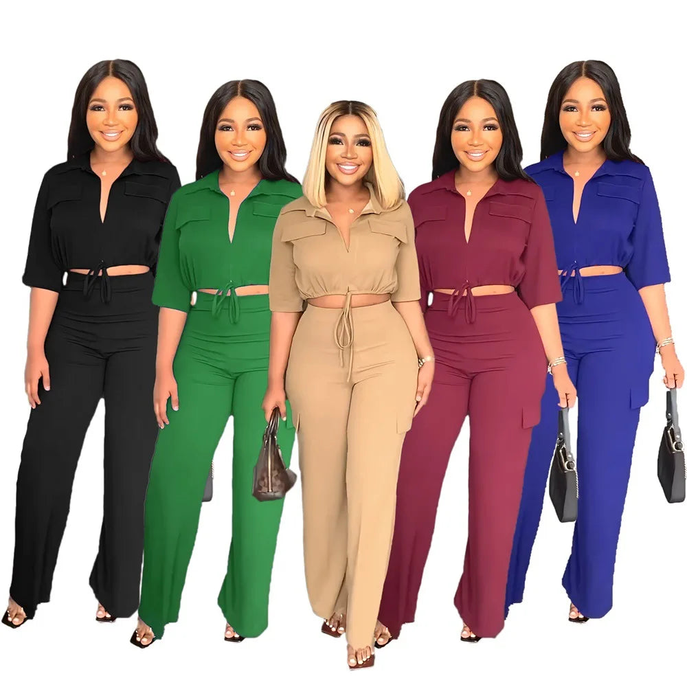 9849 New Arrival Spring Tracksuits for Women Two Piece Set Women Clothing Drawstring Short Top Straight Leg Two Piece Pants Set