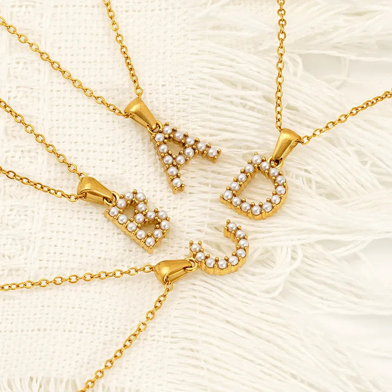 New 26 English Letter Emerald Cut Imitation Pearl Initial Pendant Necklace Unisex Stainless Steel Box Chain Trendy Gift