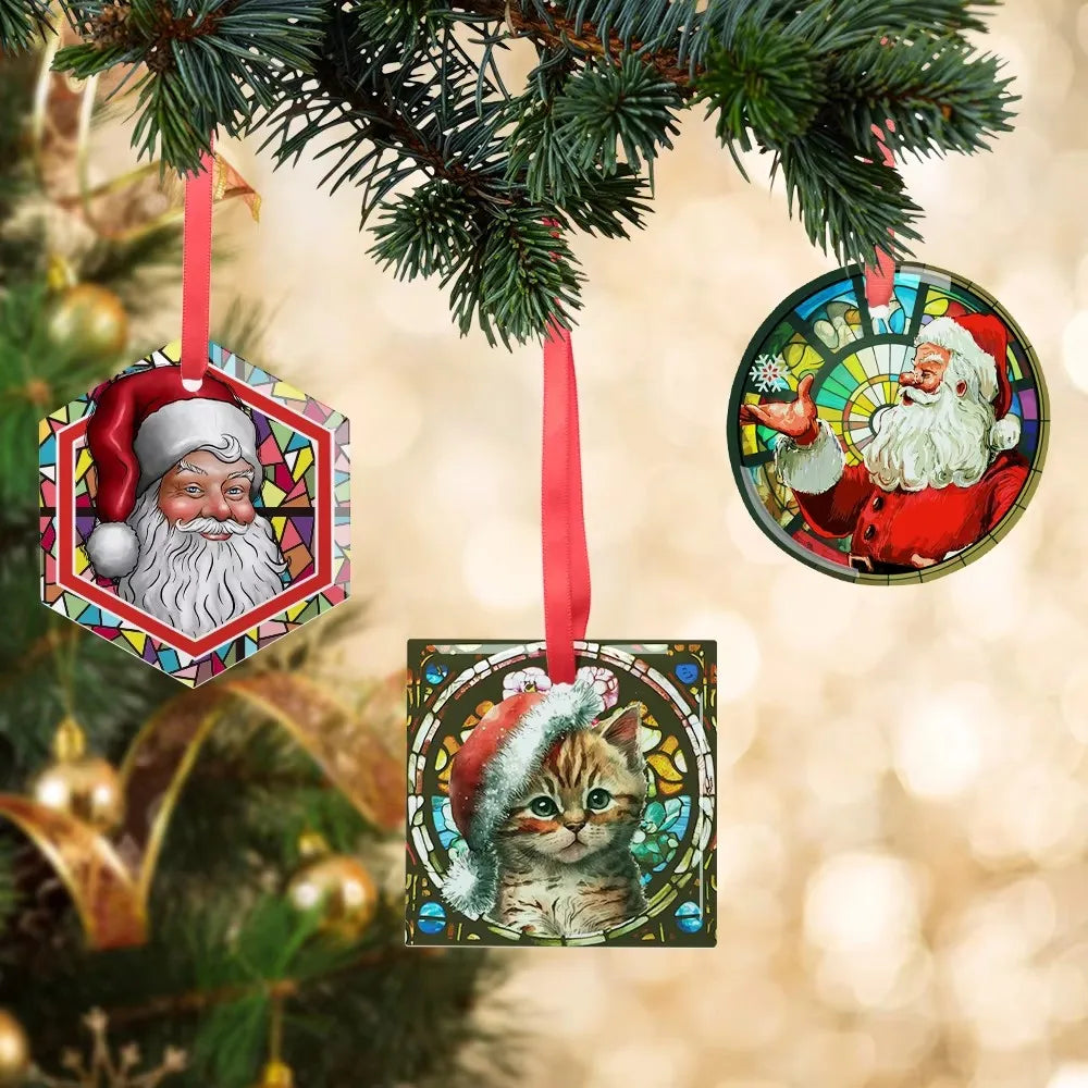 PYD Life USA Free Shipping 48 Pieces 3 Inch Sublimation Round Heart Square Glass Christmas Tree Ornament Blanks With Red Ribbon