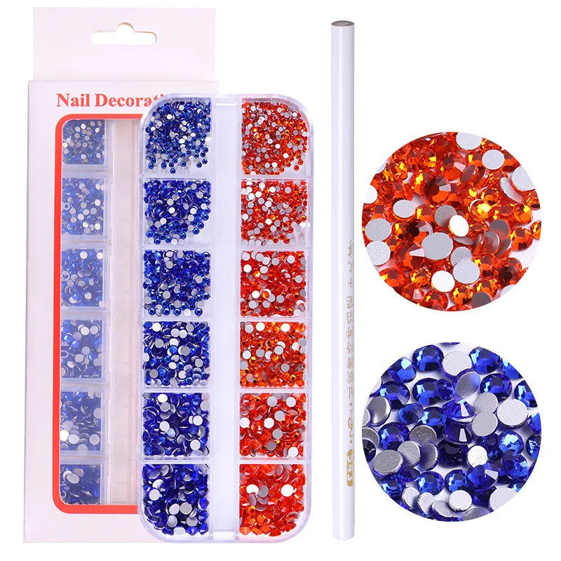 Wholesale Price 12 Grid Mix Sizes Glass Rhinestones for Nail Art 3d Flat Black Crystal Nail Art With Dotting Tools Nail Art Set