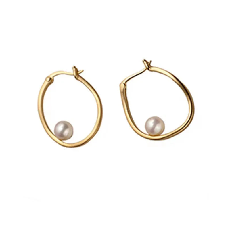 SSeeSY Copper Classical Akoya Earrings Vintage Freshwater huggies Gold Geometric Pearl Hoop Earrings Women Fashion Jewelry