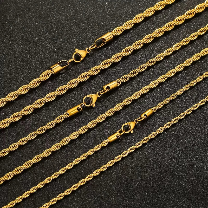 Custom Bijoux En Acier Inoxydable 18k  Gold Plated Stainless Steel Twisted Rope Link Chain Necklace for Women Men